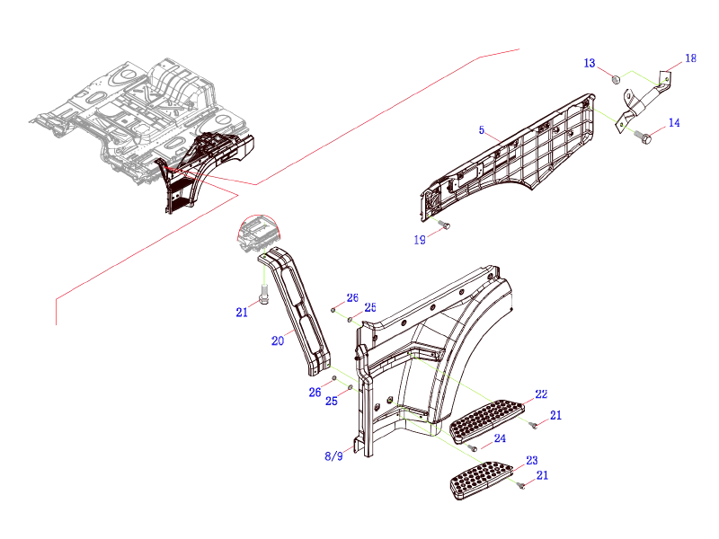 FAW Fender、Upper Mudguard And 2、3 Pedal Logic Assembly